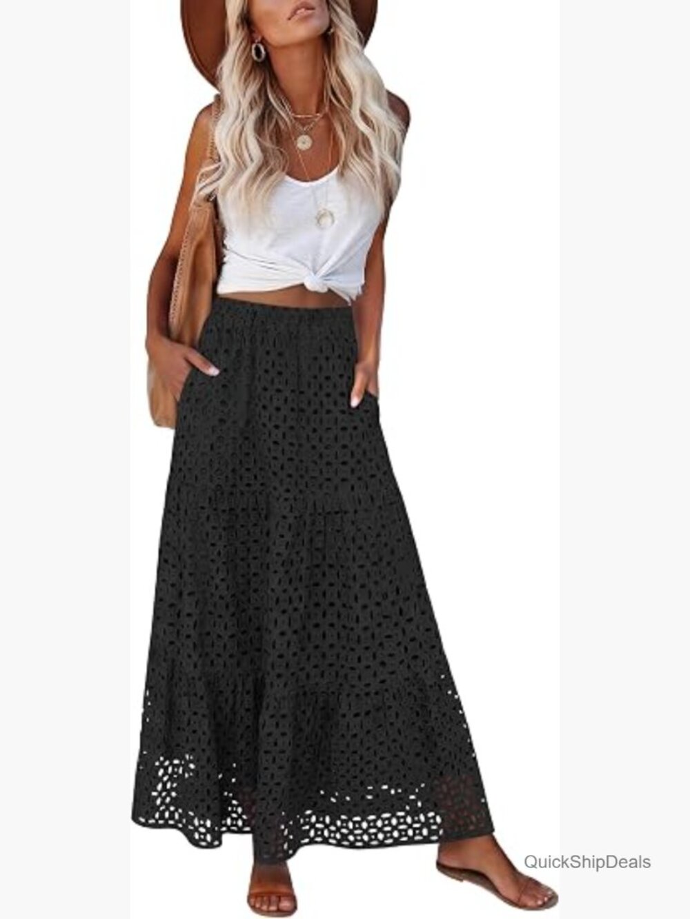 Boho Maxi Skirt - Tiered Eyelet High Waist Flowy A-Line for Beach Vacation